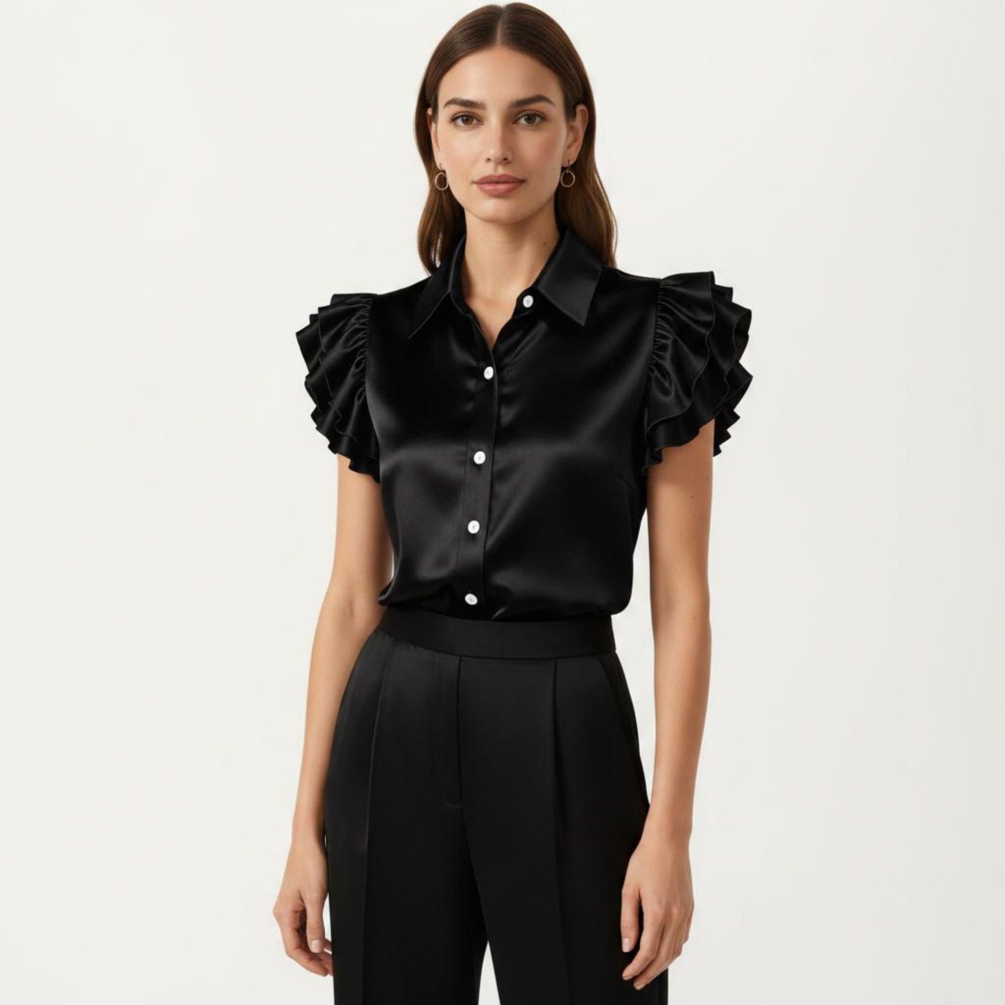 Anna-Kaci Women's Satin Button Down Blouse with Ruffle Sleeves and Collared Neckline