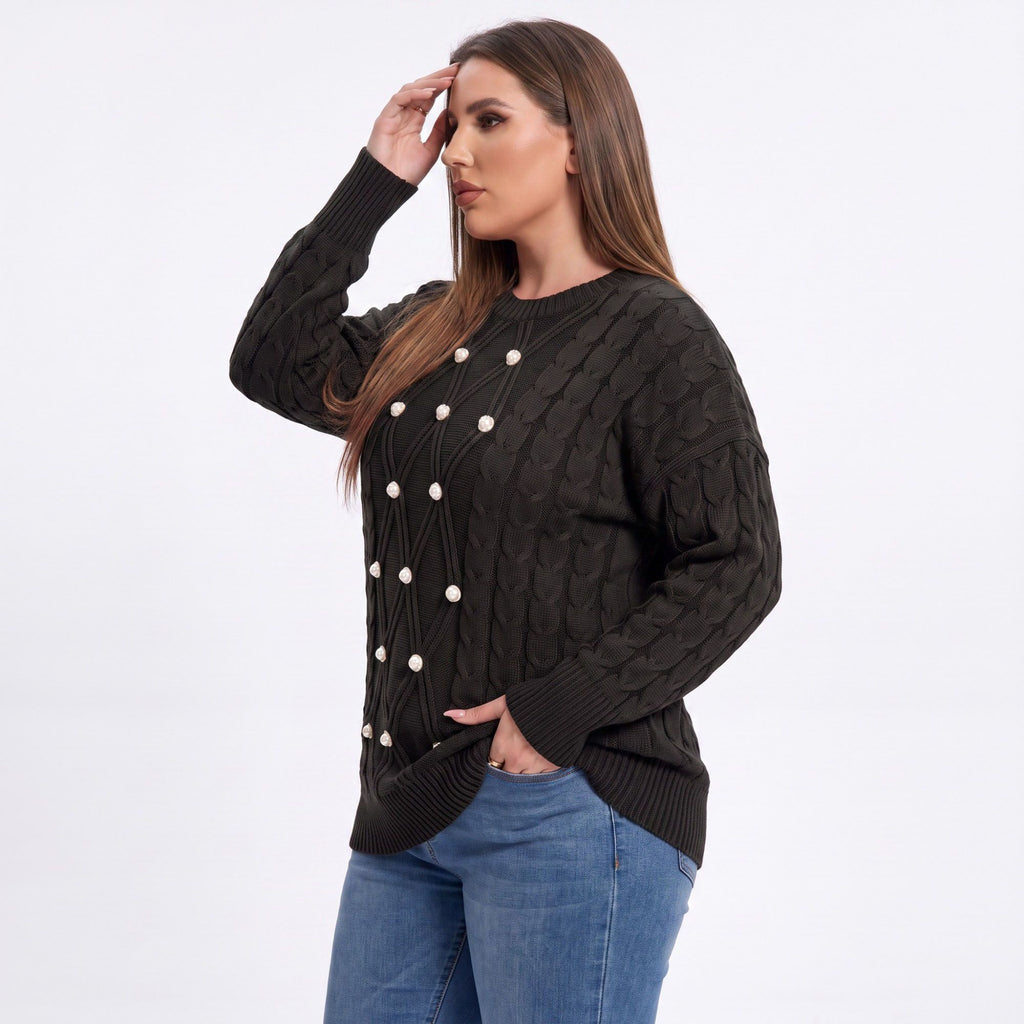 Plus Size Faux Pearl Cable Knit Tunic Sweater