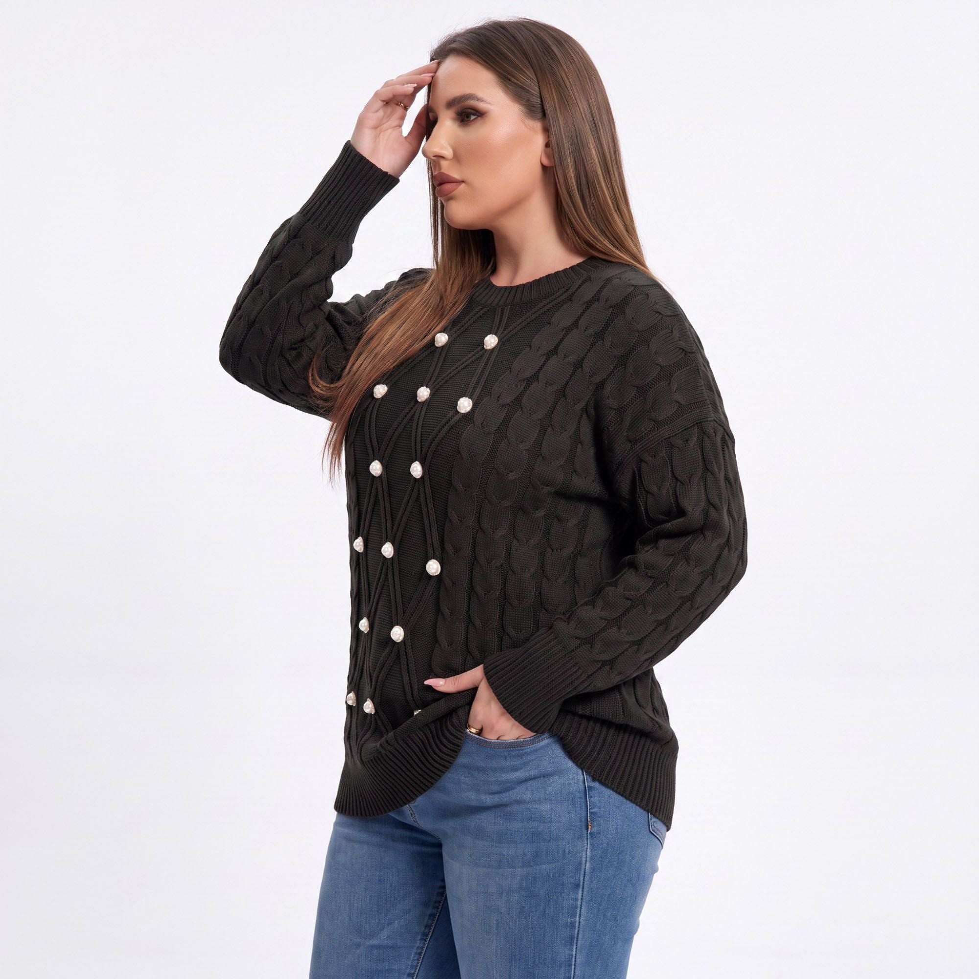 Plus Size Faux Pearl Cable Knit Tunic Sweater