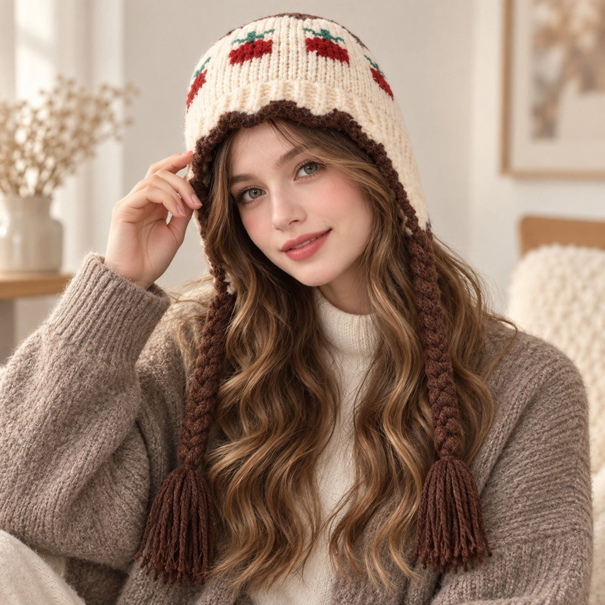 Fruit Pattern Knit Earflap Hat with Braided Tassels
