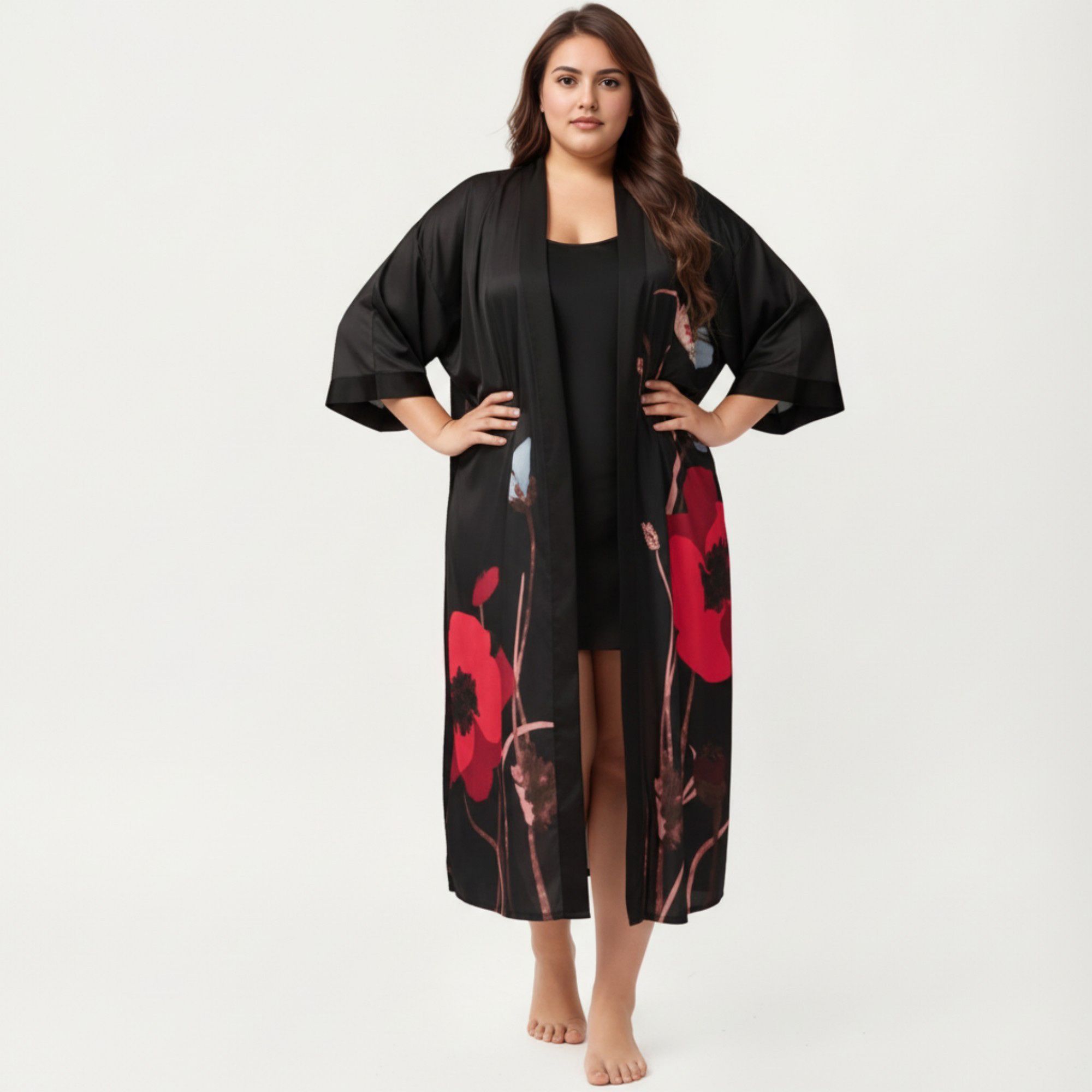 Anna-Kaci Lounge Women's Plus Size 2-Piece Floral Kimono Robe Set with Short Sleeve Open Front Longline Cover Up and Matching Inner Dress