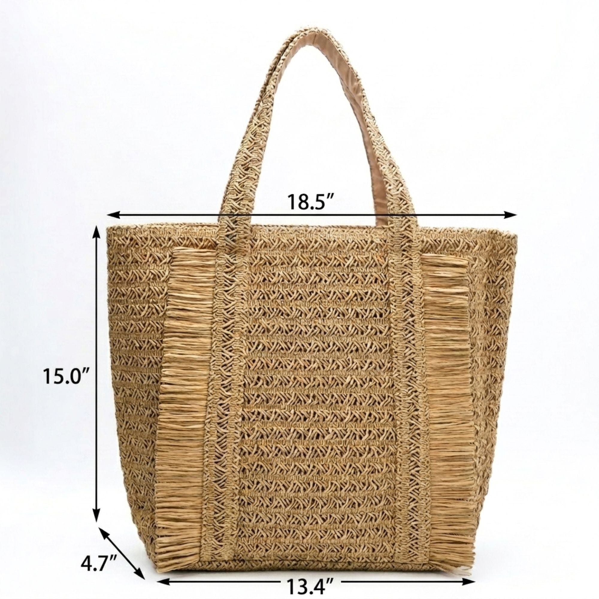 Woven Tote Bag with Fringe Detail and Shoulder Handles