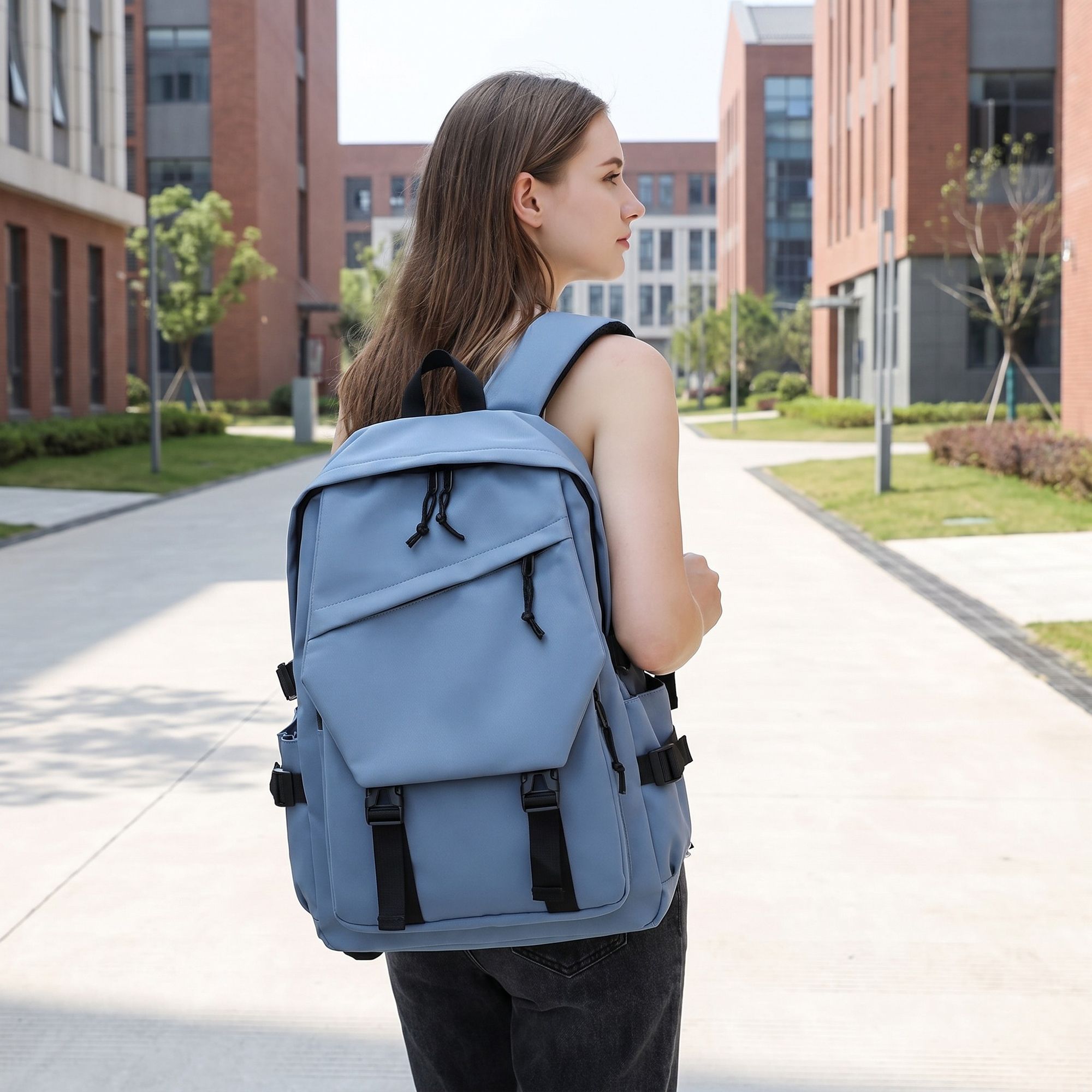 Large Laptop Backpack with Front Flap Pocket Buckle Straps Side Pockets and Padded Shoulder Straps