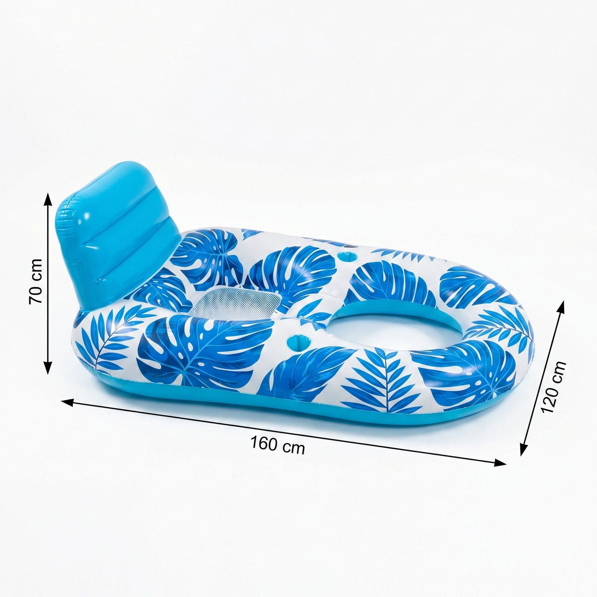 Tropical Leaf Inflatable Pool Lounge Float with Backrest Mesh Seat Cup Holder Durable PVC Float for Pool Beach Lake 63x47x27.5in