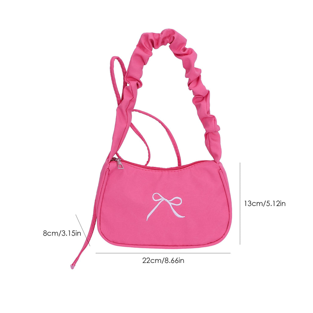 Small Bow Embroidered Shoulder Bag with Ruched Strap and Zip Closure