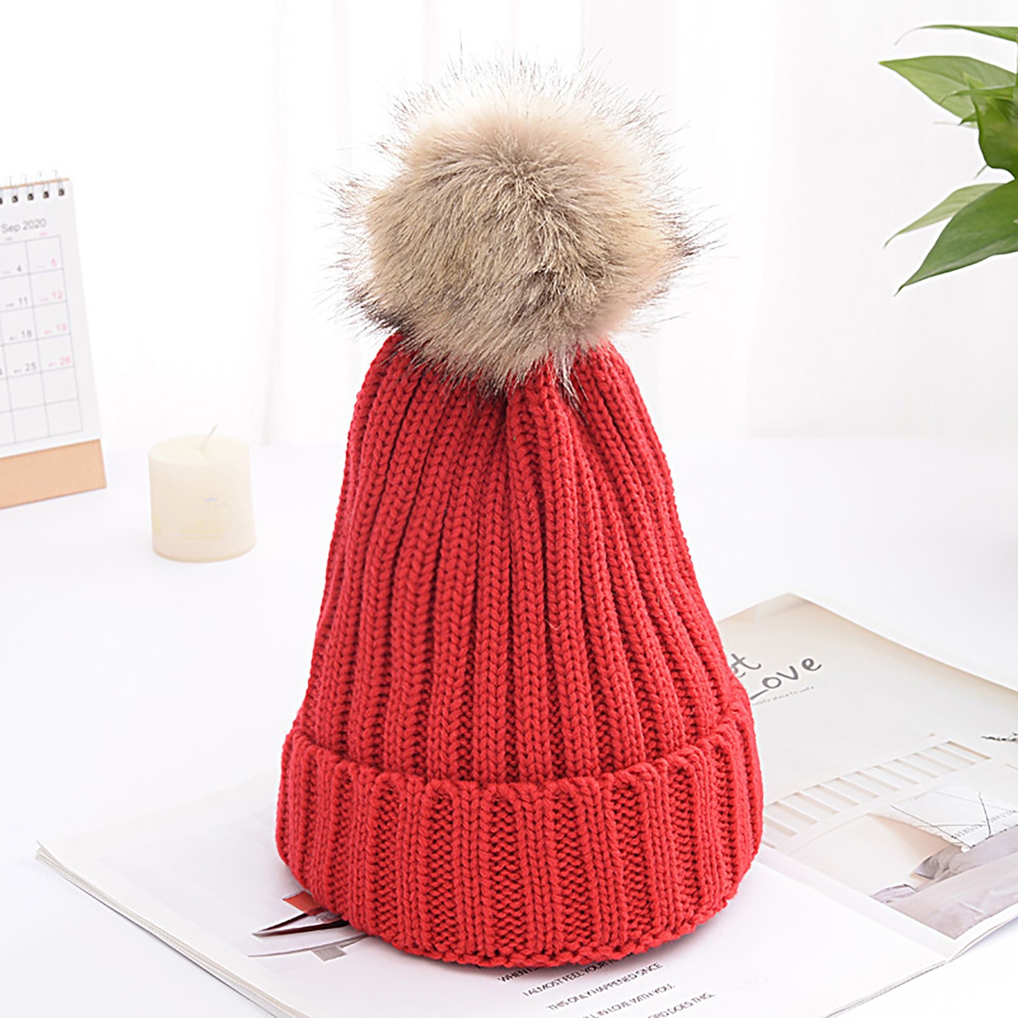 Anna-Kaci Women's Cable Knit Beanie with Faux Fur Pom-Pom - Warm Stretchy Winter Hat for Casual Daily Wear