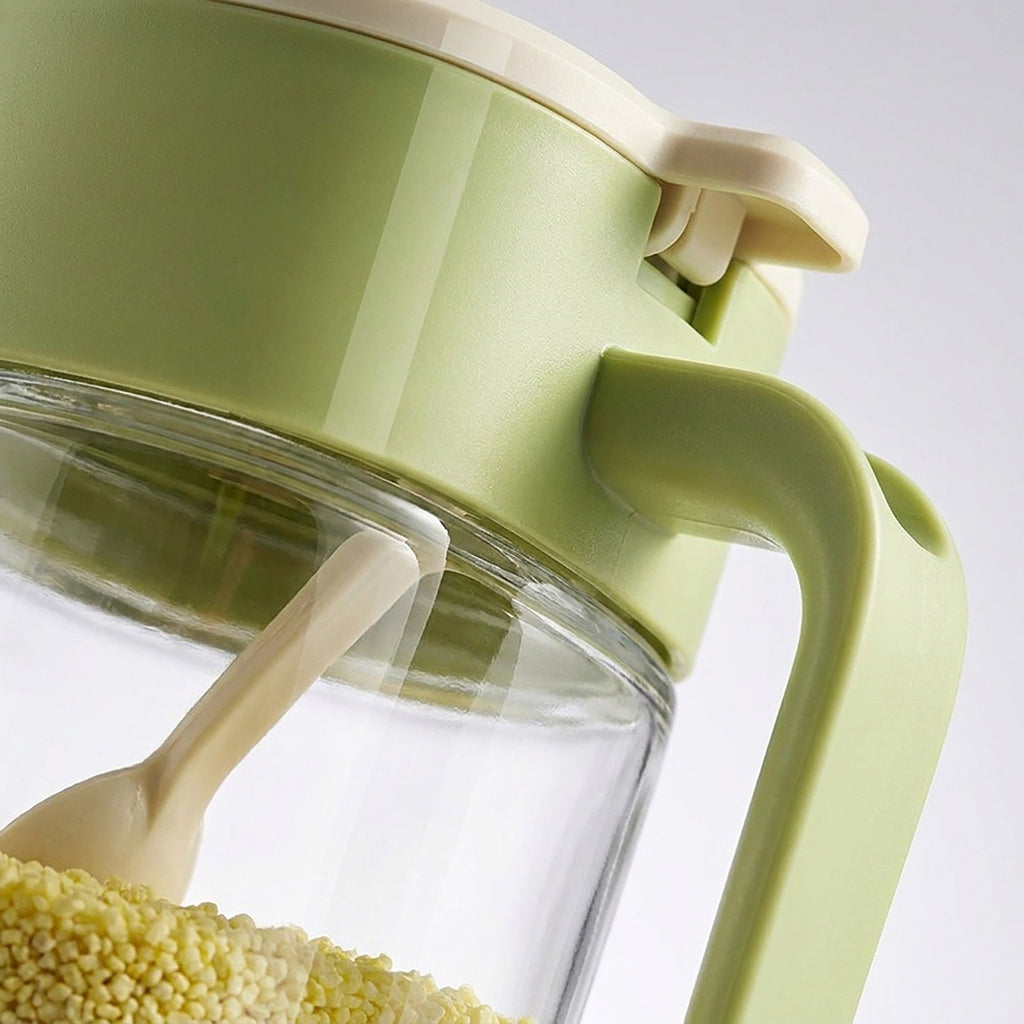 Glass Seasoning Jar with Spoon, Lid and Easy-Grip Handle