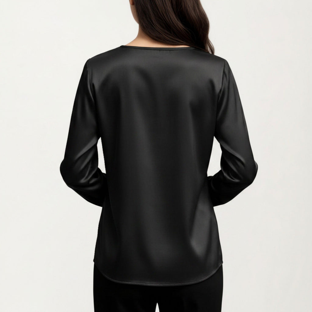 Anna-Kaci Women's Satin V-Neck Blouse with Long Balloon Sleeves and Wide Cuffs