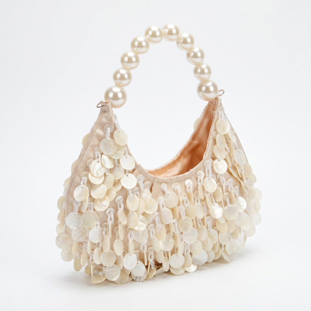 Shell Disc Embellished Shoulder Bag with Faux Pearl Handle Beaded Fringe Handbag 9.5x4.5x0.6 in