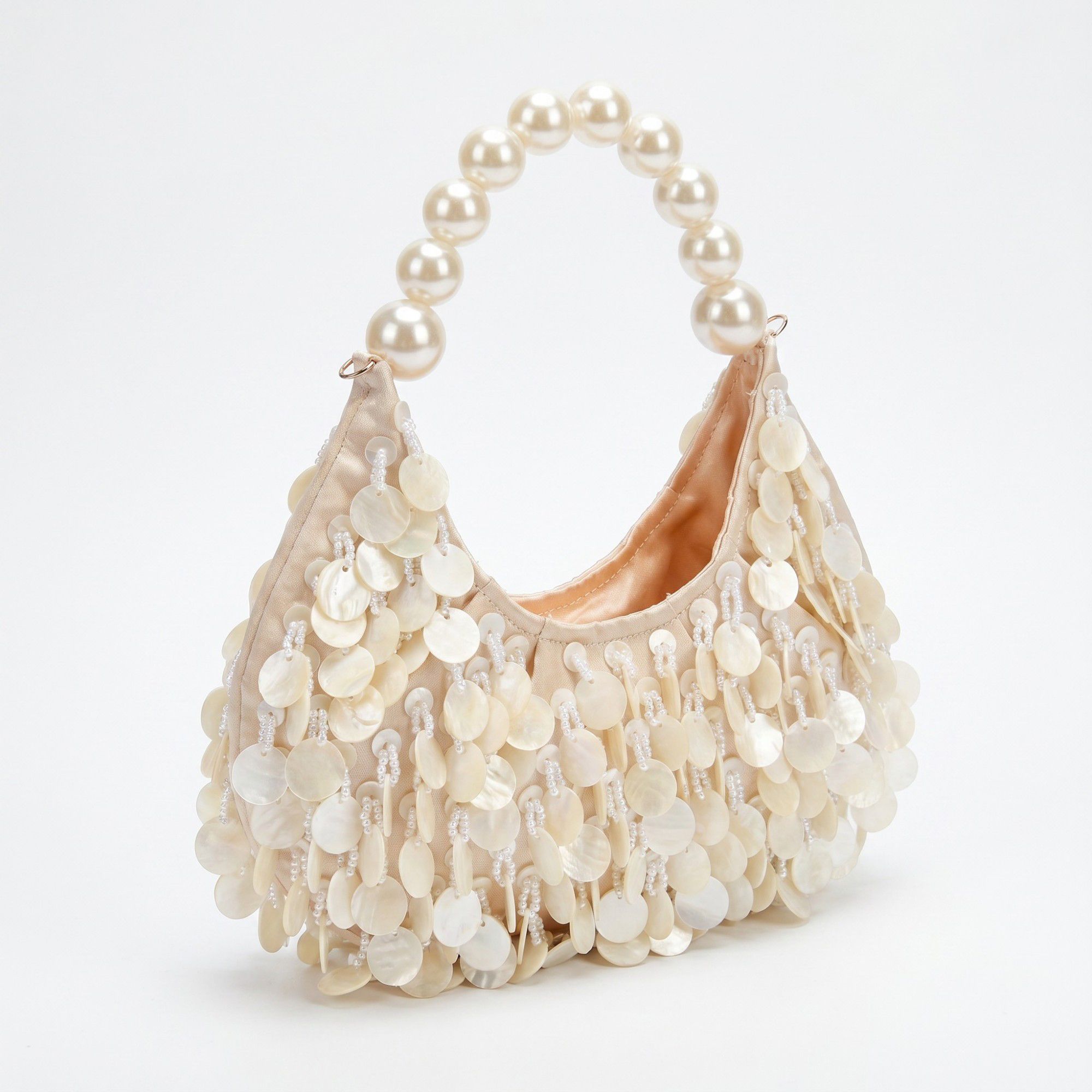 Shell Disc Embellished Shoulder Bag with Faux Pearl Handle Beaded Fringe Handbag 9.5x4.5x0.6 in