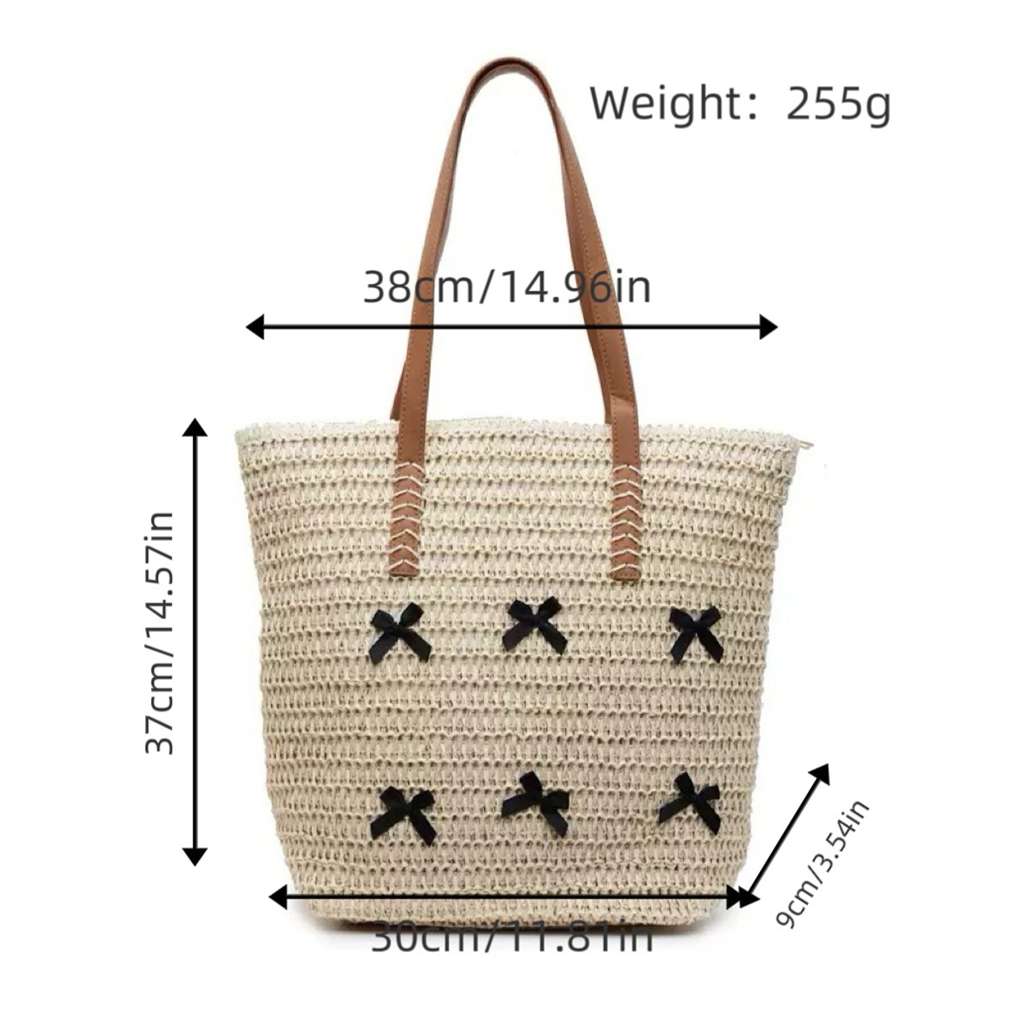 Woven Crochet Tote Bag with Bow Detail Leather Strap Shoulder Handbag Lightweight Knit Large Tote