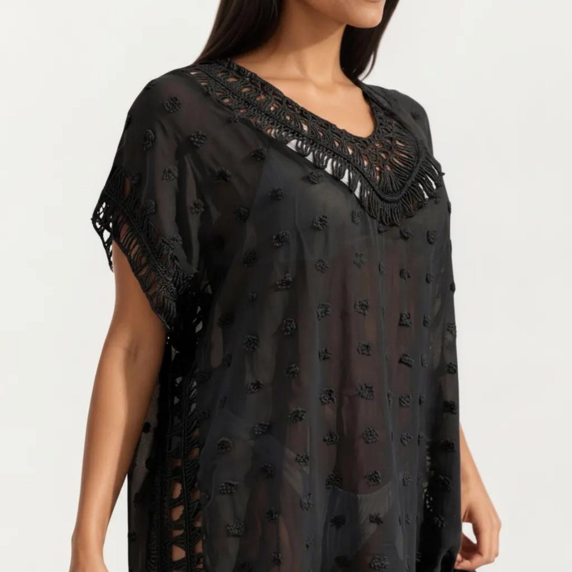Anna-Kaci Women's Sheer Crochet Trim Cover Up Dress with Tassel Detail Relaxed Fit and Short Sleeves