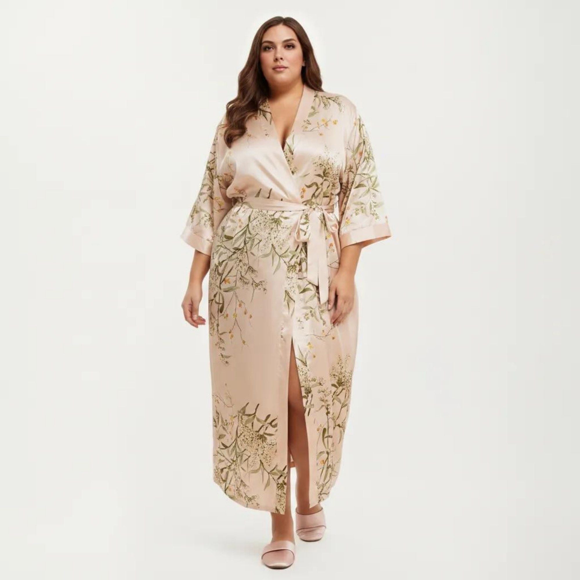Anna-Kaci Lounge Women's Plus Size Satin Floral Kimono Robe with Self Tie Belt Longline Open Front Lightweight Sleepwear