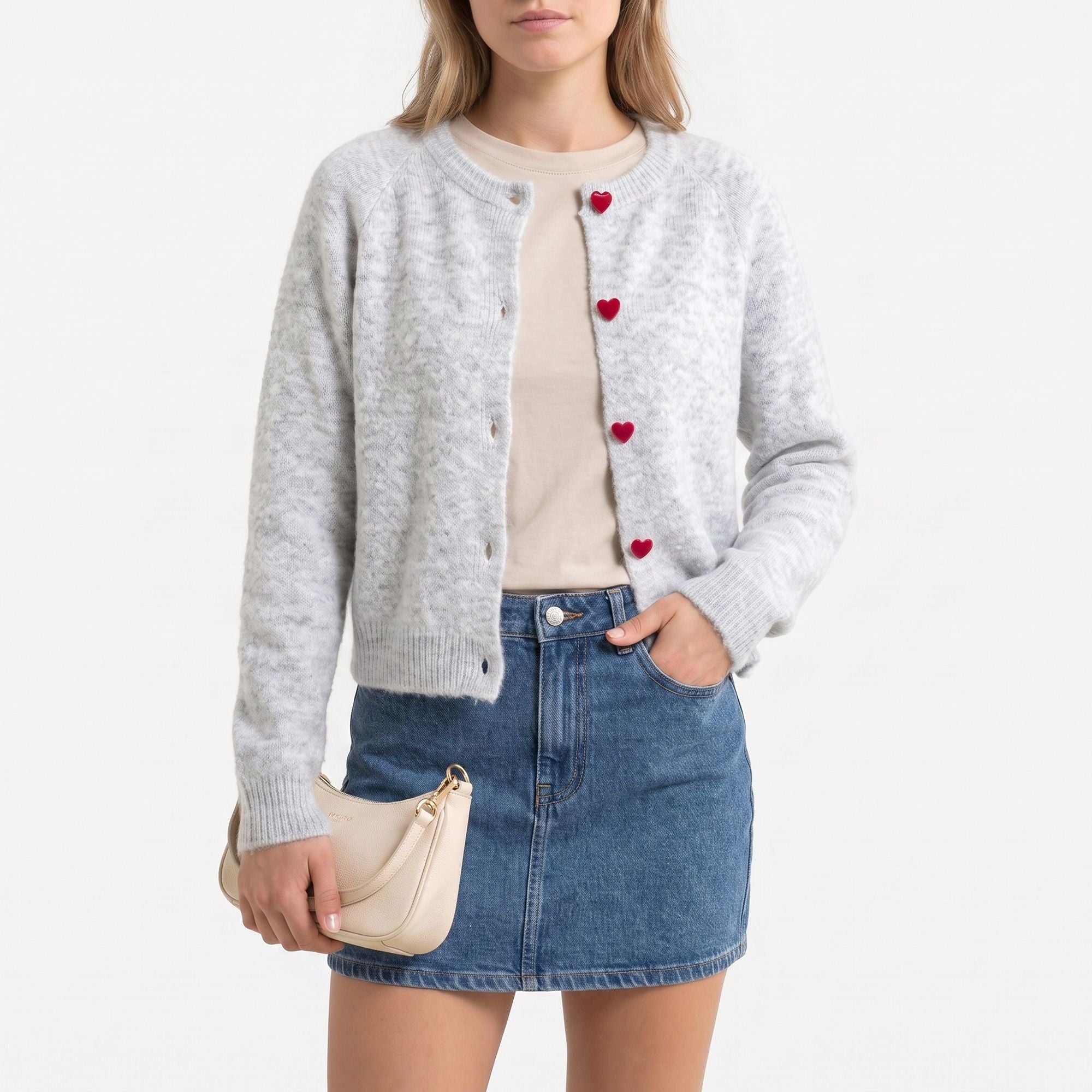 Fuzzy Knit Heart Button Crewneck Cardigan Sweater