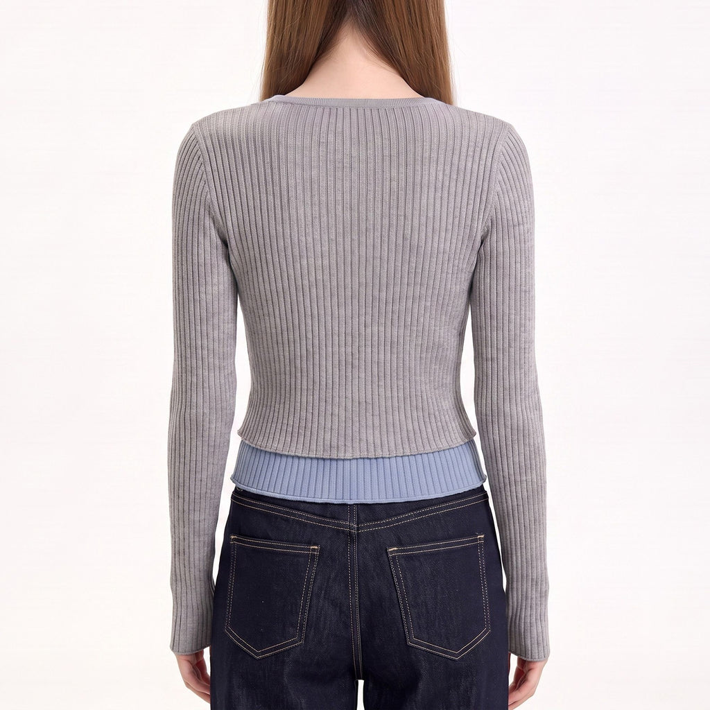 Layered Collar Ribbed Button-Front Cardigan Sweater