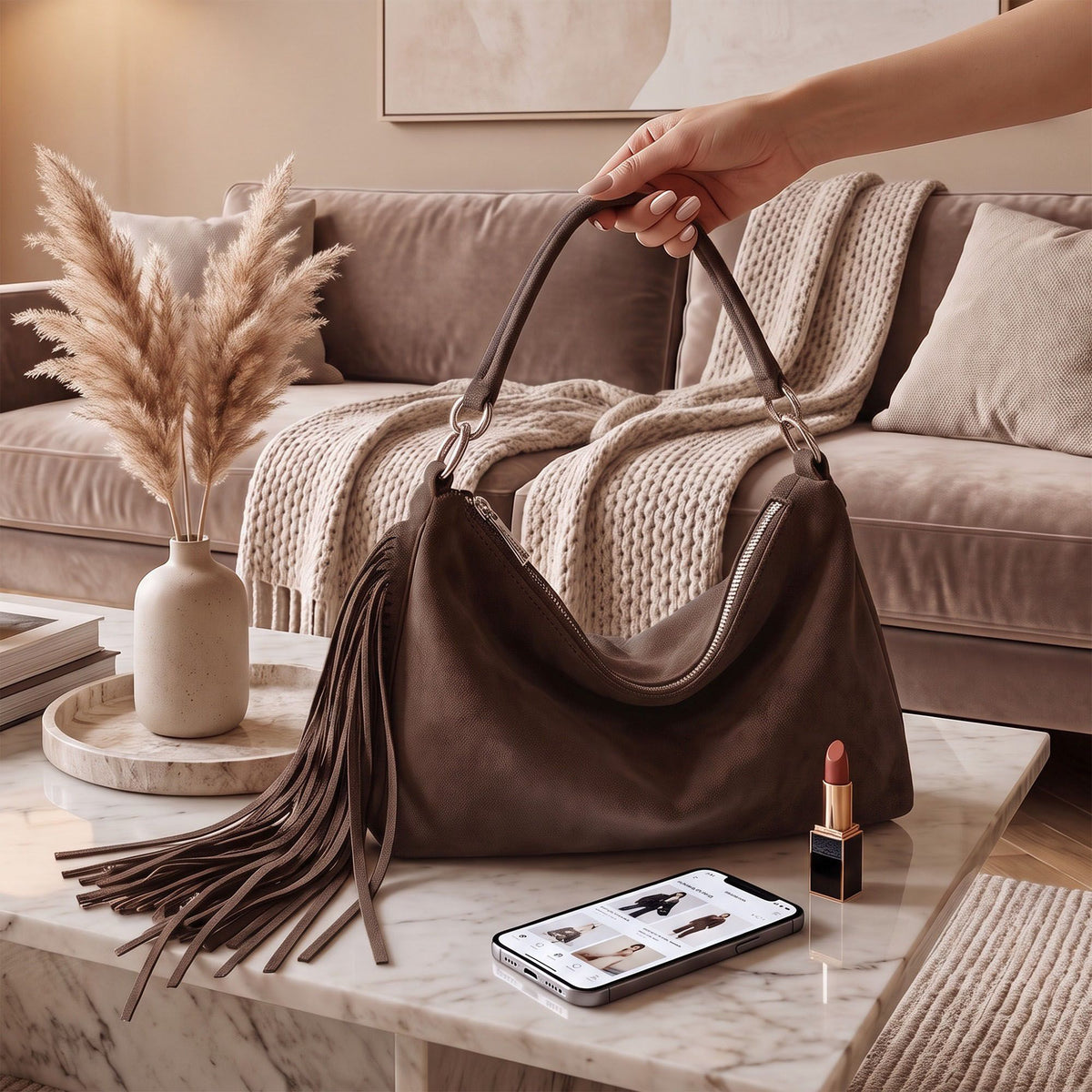 Slouchy Shoulder Handbag with Fringe Tassel and Zipper Closure