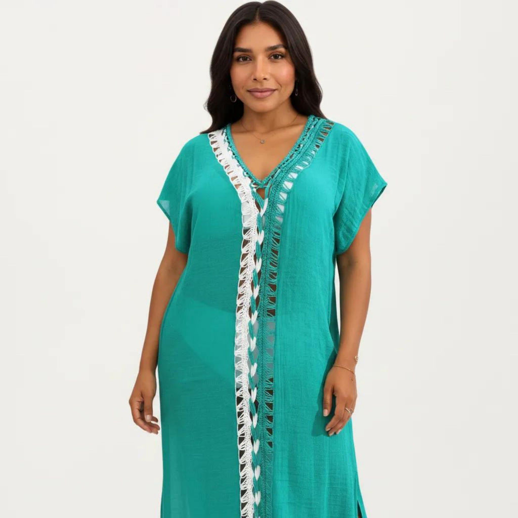 Anna-Kaci Women's Maxi Swim Cover Up Dress with Crochet Trim V Neck Short Sleeves Relaxed Lightweight Fit