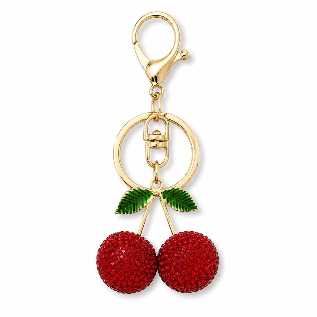 Rhinestone Cherry Bag Charm Keychain with Gold-Tone Lobster Clasp