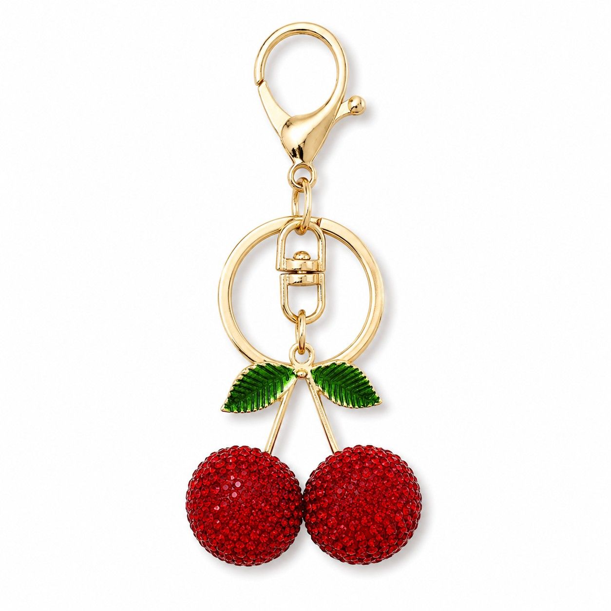 Rhinestone Cherry Bag Charm Keychain with Gold-Tone Lobster Clasp