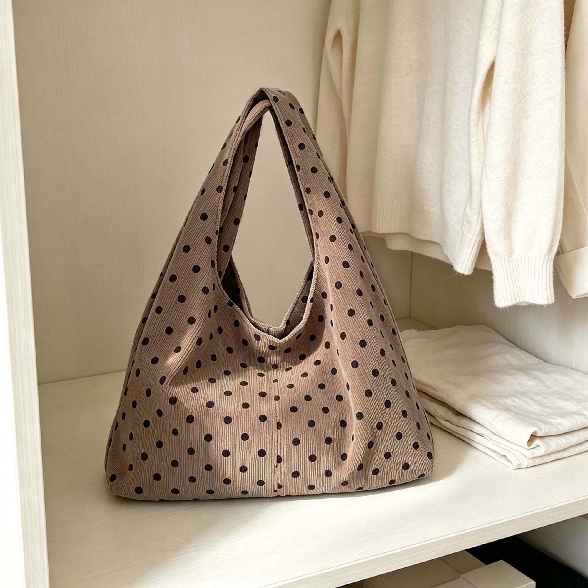 Polka Dot Corduroy Hobo Shoulder Bag with Wide Strap and Interior Pockets