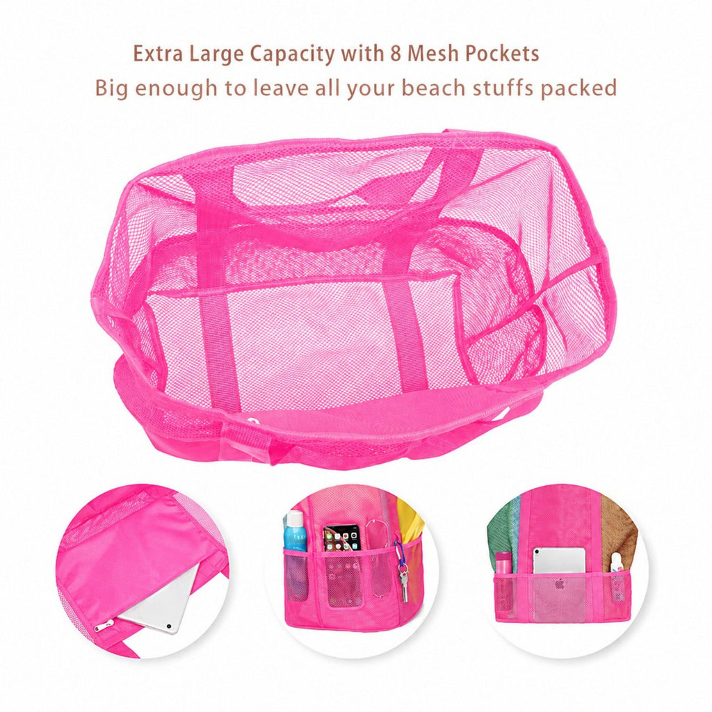 Mesh Beach Tote Bag Large Capacity Travel Shoulder Bag with Exterior Pockets Zipper Top Organizer