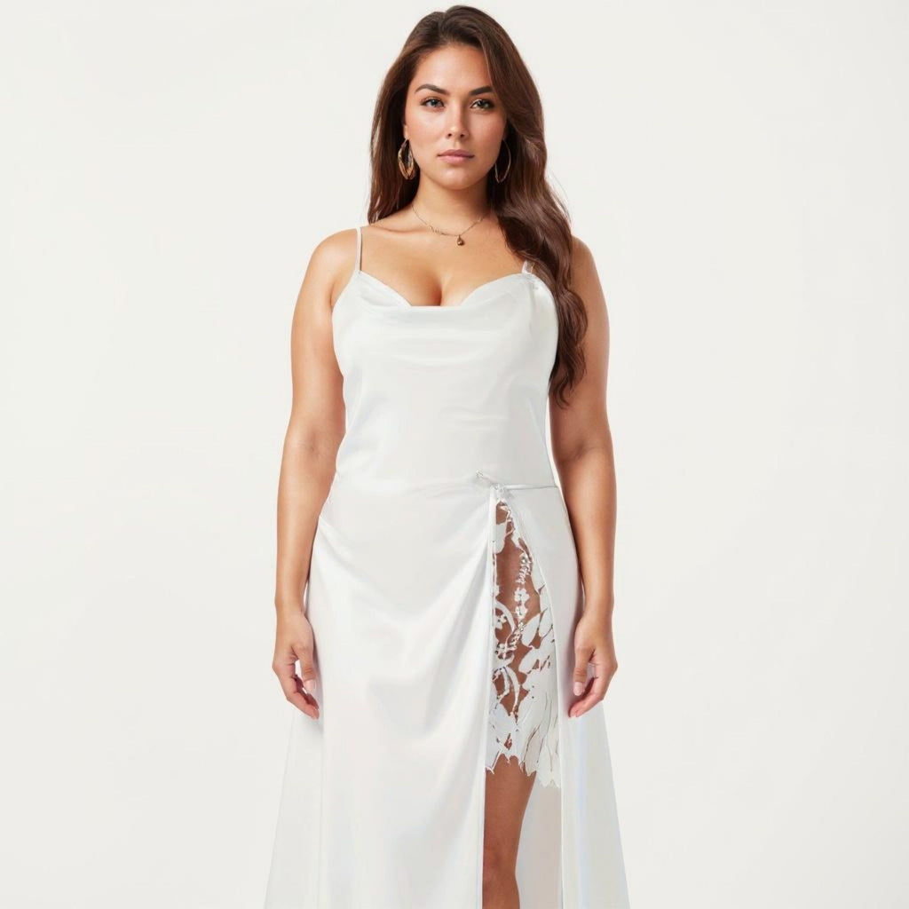 Anna-Kaci Lounge Women's Plus Size Satin Wrap Nightgown with Lace Trim Adjustable Spaghetti Straps Side Tie Midi Length Sleepwear Dress