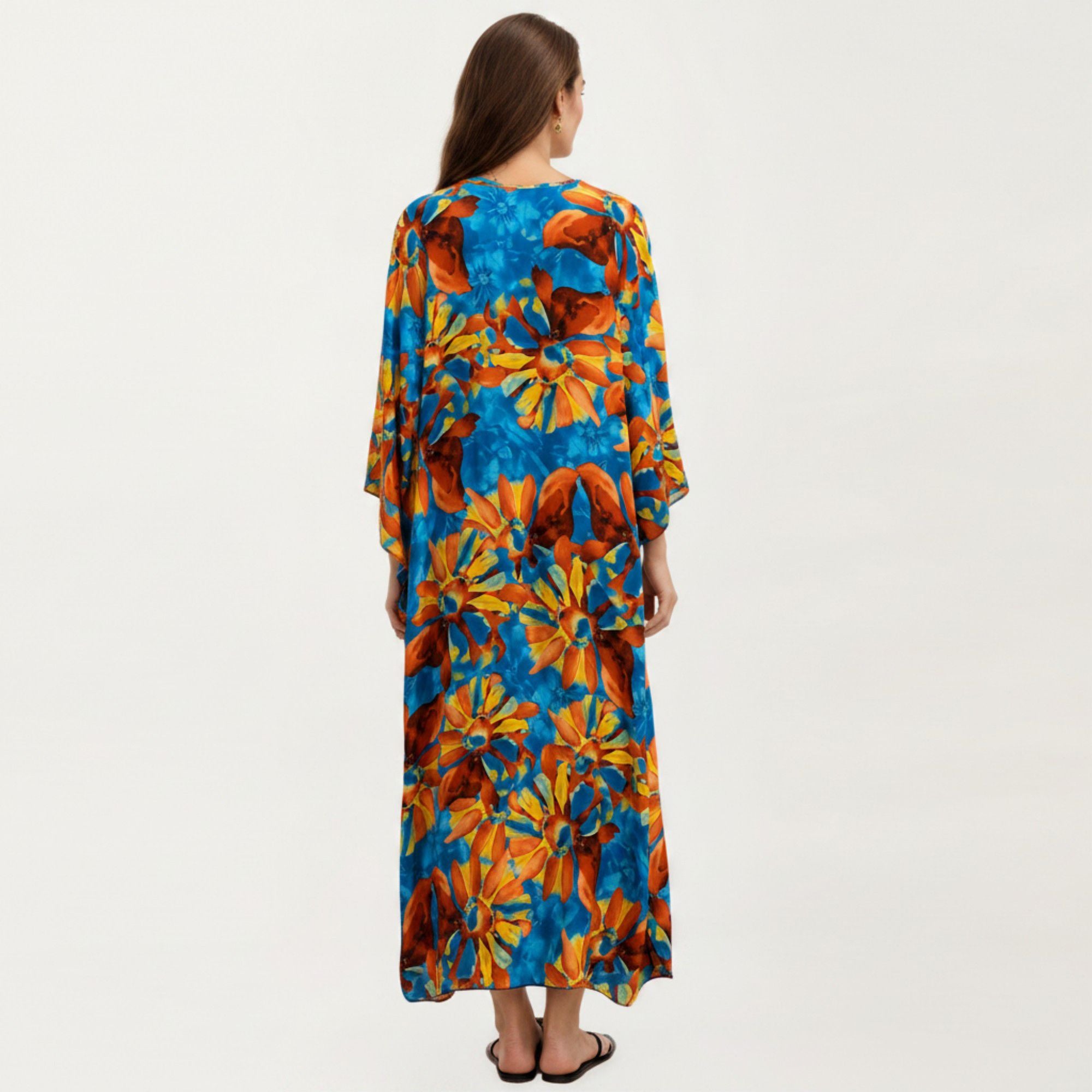 Anna-Kaci Women's Floral Print Kaftan Maxi Dress with V-Neck Button Front and Flowy Batwing Sleeves