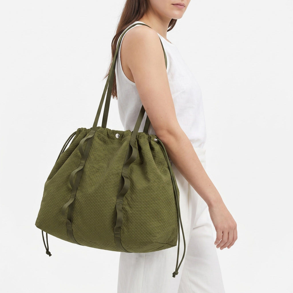 Textured Drawstring Tote Bag with Long Shoulder Straps and Ruffled Trim 13x15.5x5.5in