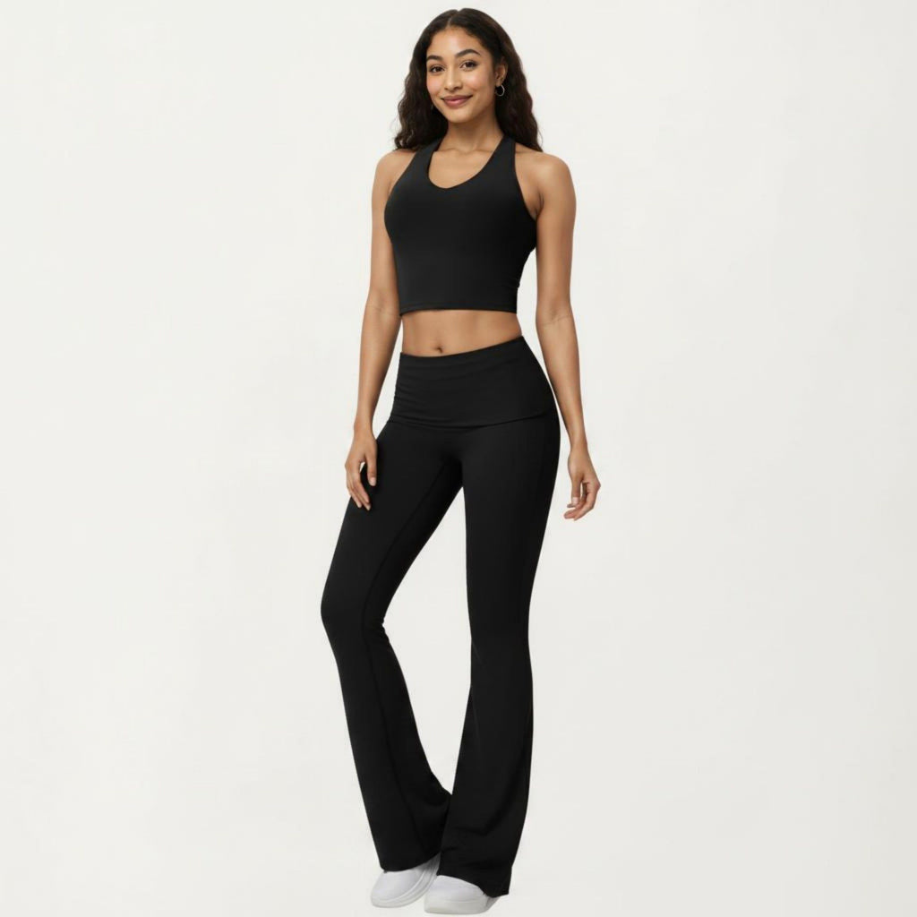 Anna-Kaci Active Women's Foldover Waist Flare Leggings with Smooth Stretch Knit Fabric
