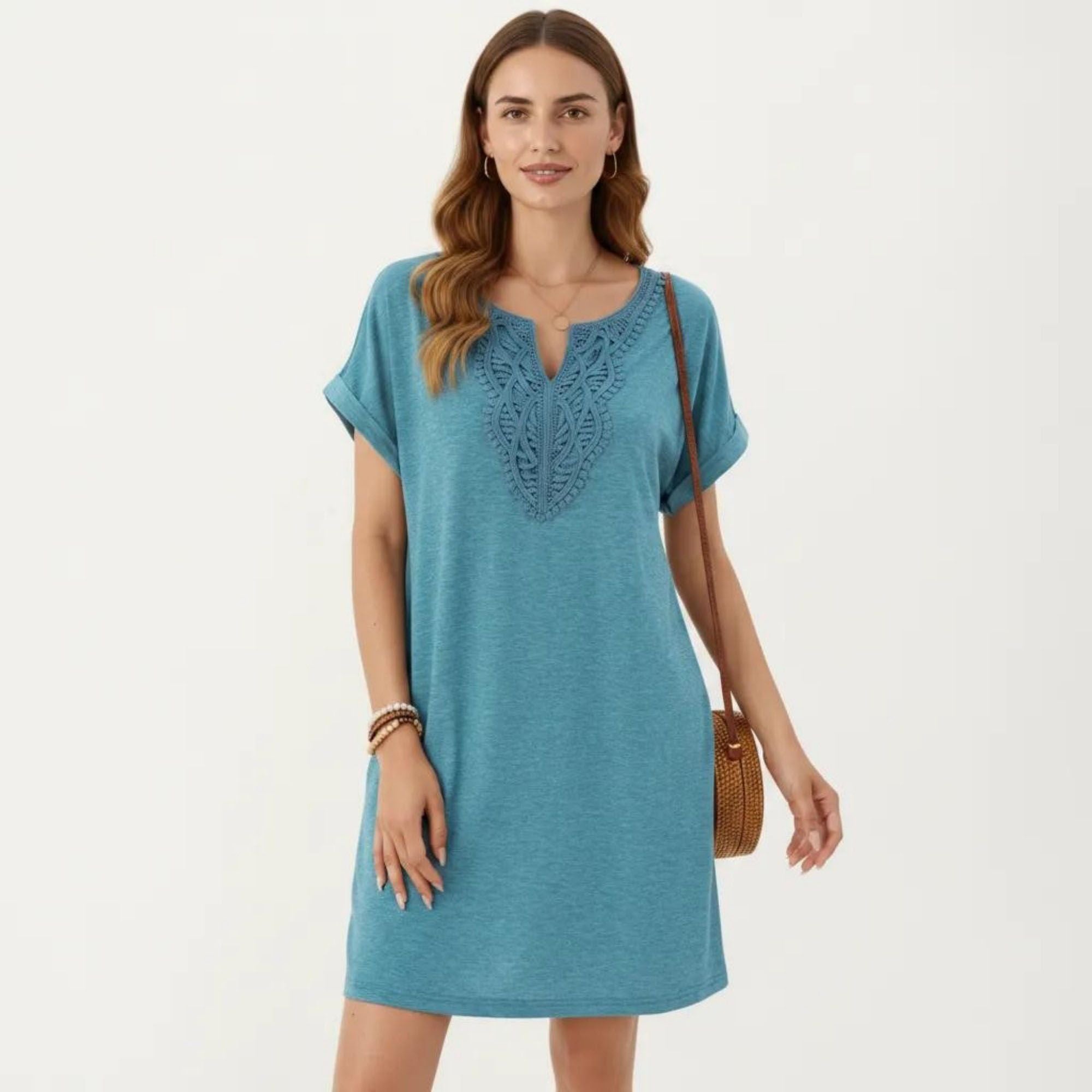 Anna-Kaci Women's Short Sleeve Shift Dress with Split V Neck Embroidered Detail Relaxed Fit Casual Tunic Dress