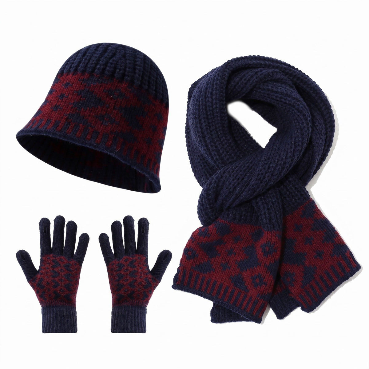 3 Piece Knit Winter Hat Scarf and Gloves Set with Geometric Pattern
