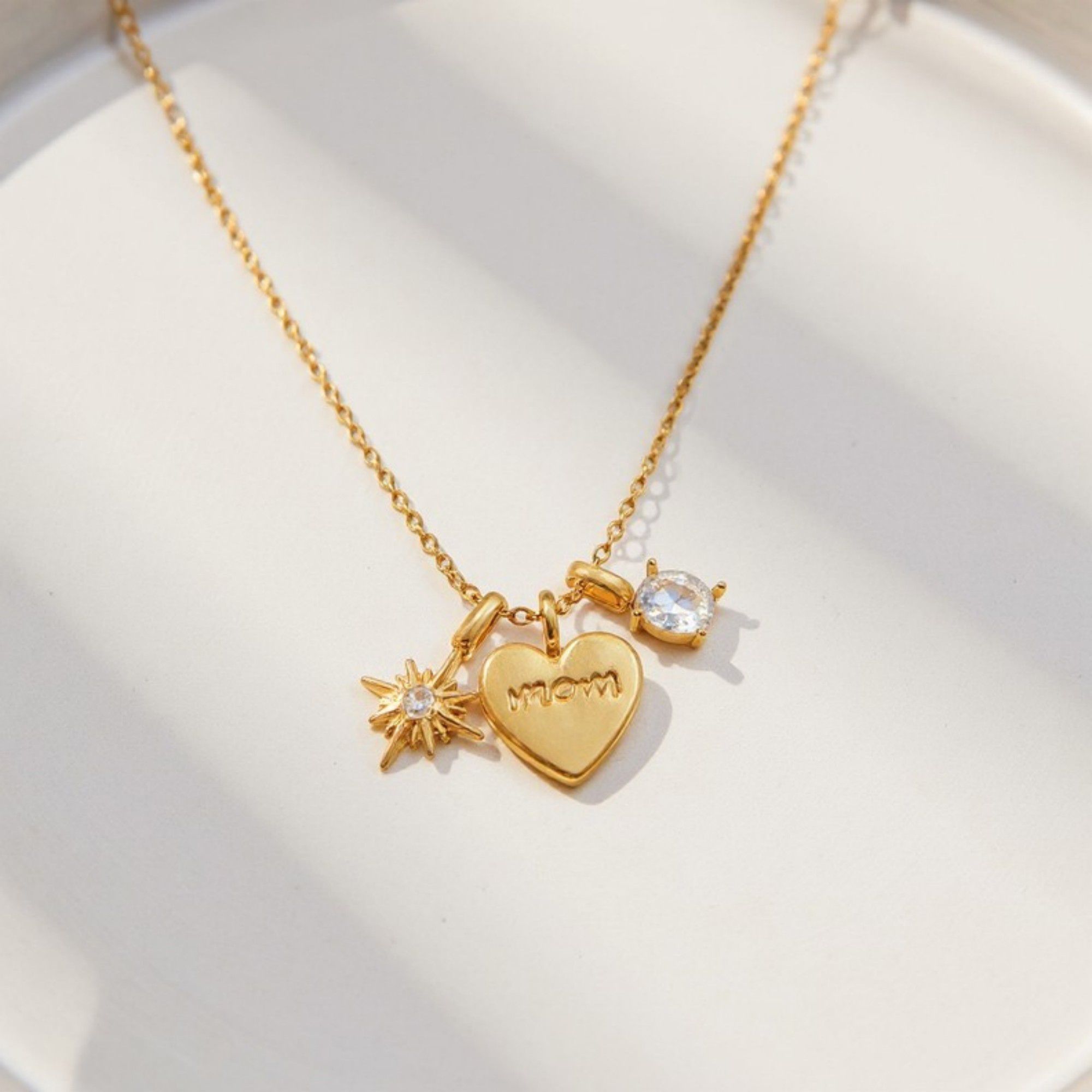 Heart Mom Charm Necklace with Starburst and Crystal Accent Charms