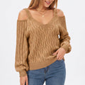Cold Shoulder V Neck Cable Knit Long Sleeve Sweater