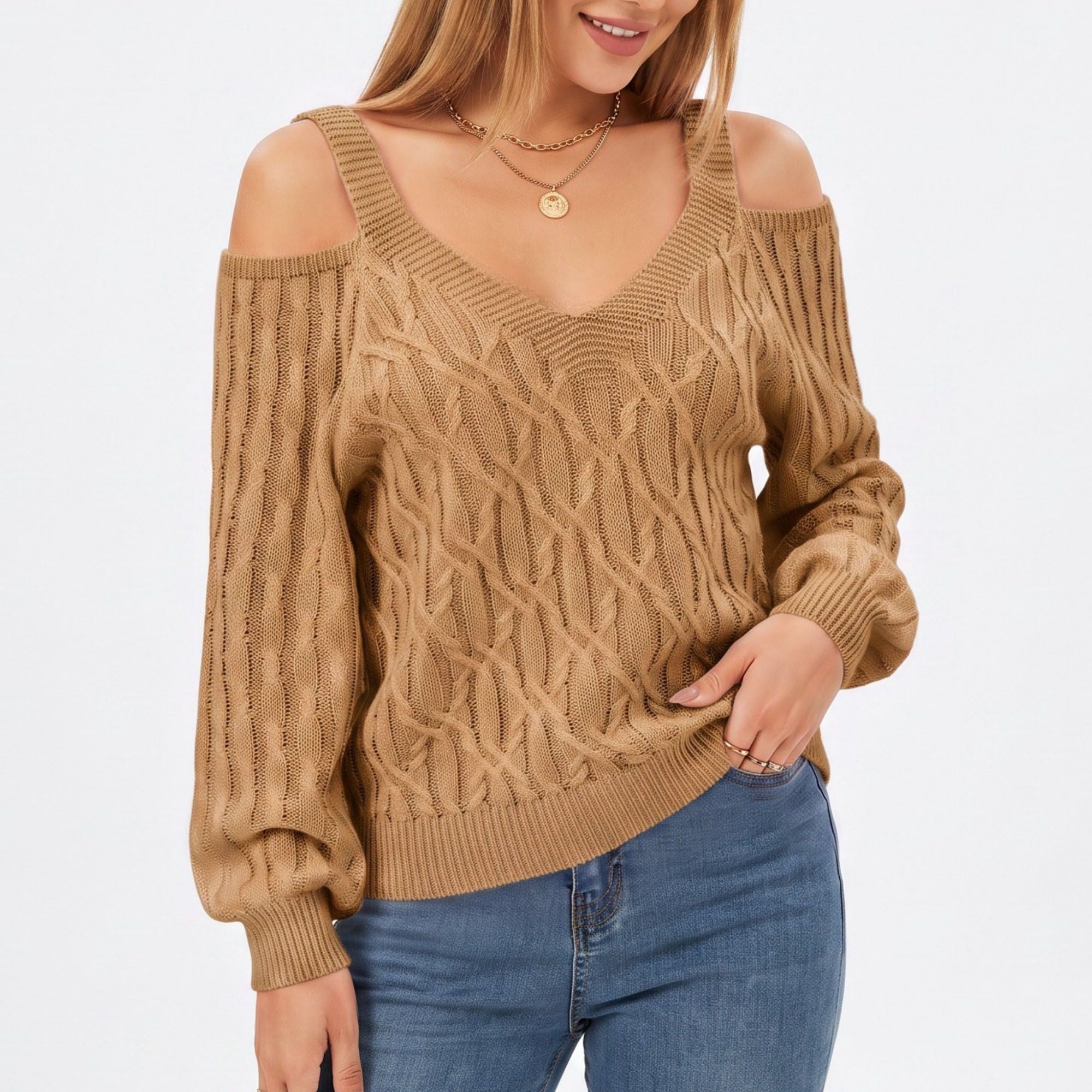Cold Shoulder V Neck Cable Knit Long Sleeve Sweater