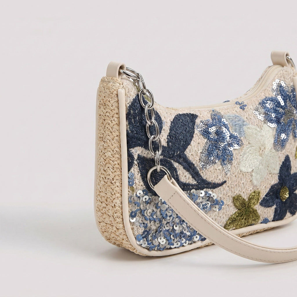 Floral Embroidered Shoulder Bag with Sequin Accents Chain Strap Detail Crescent Handbag 10x5x2.5 in
