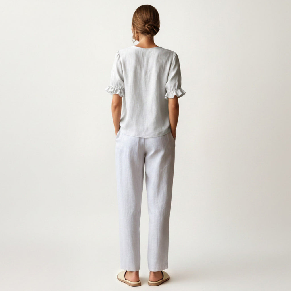Anna-Kaci Women's Ruffle Neck Blouse with Short Puff Sleeves and Textured Linen-Like Fabric