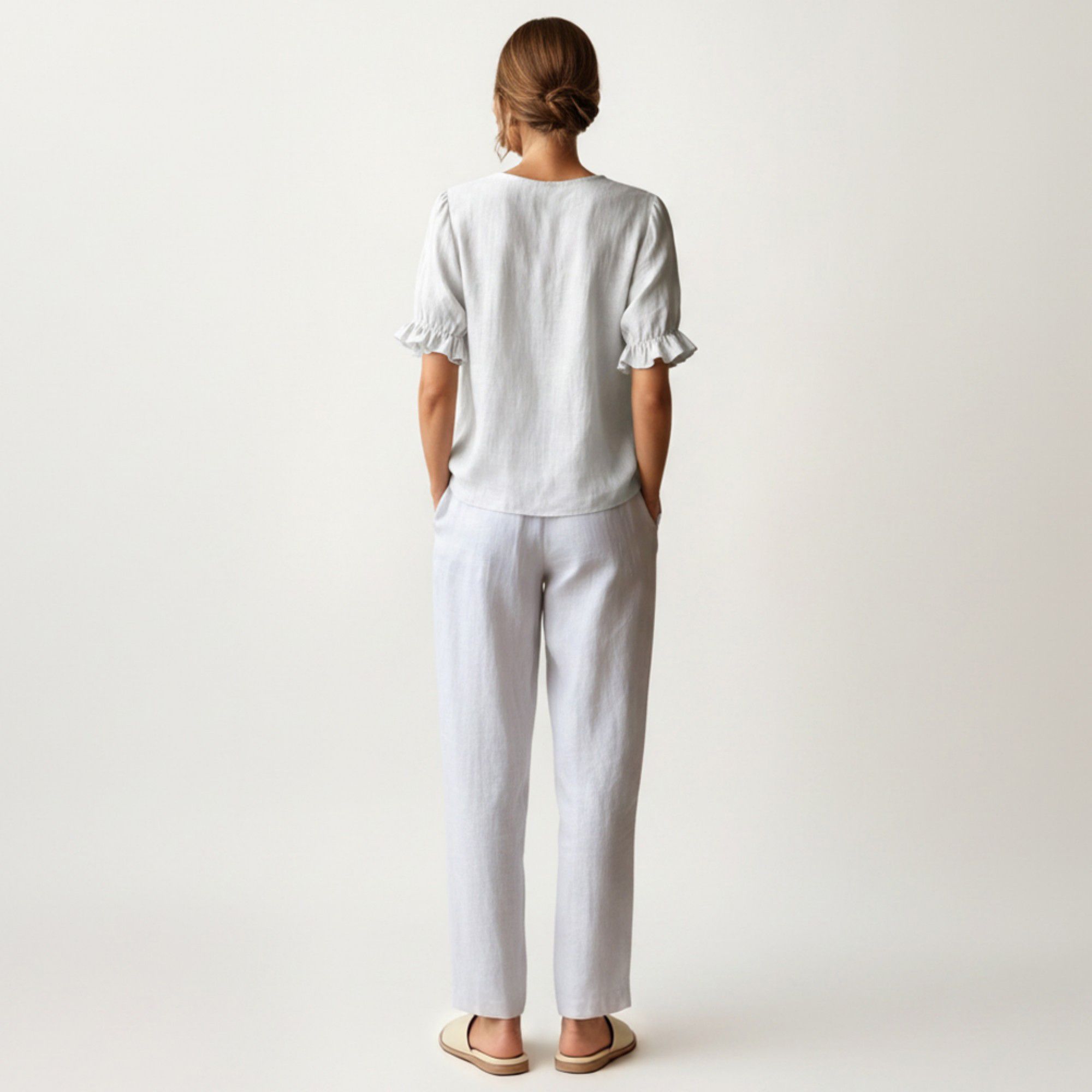 Anna-Kaci Women's Ruffle Neck Blouse with Short Puff Sleeves and Textured Linen-Like Fabric