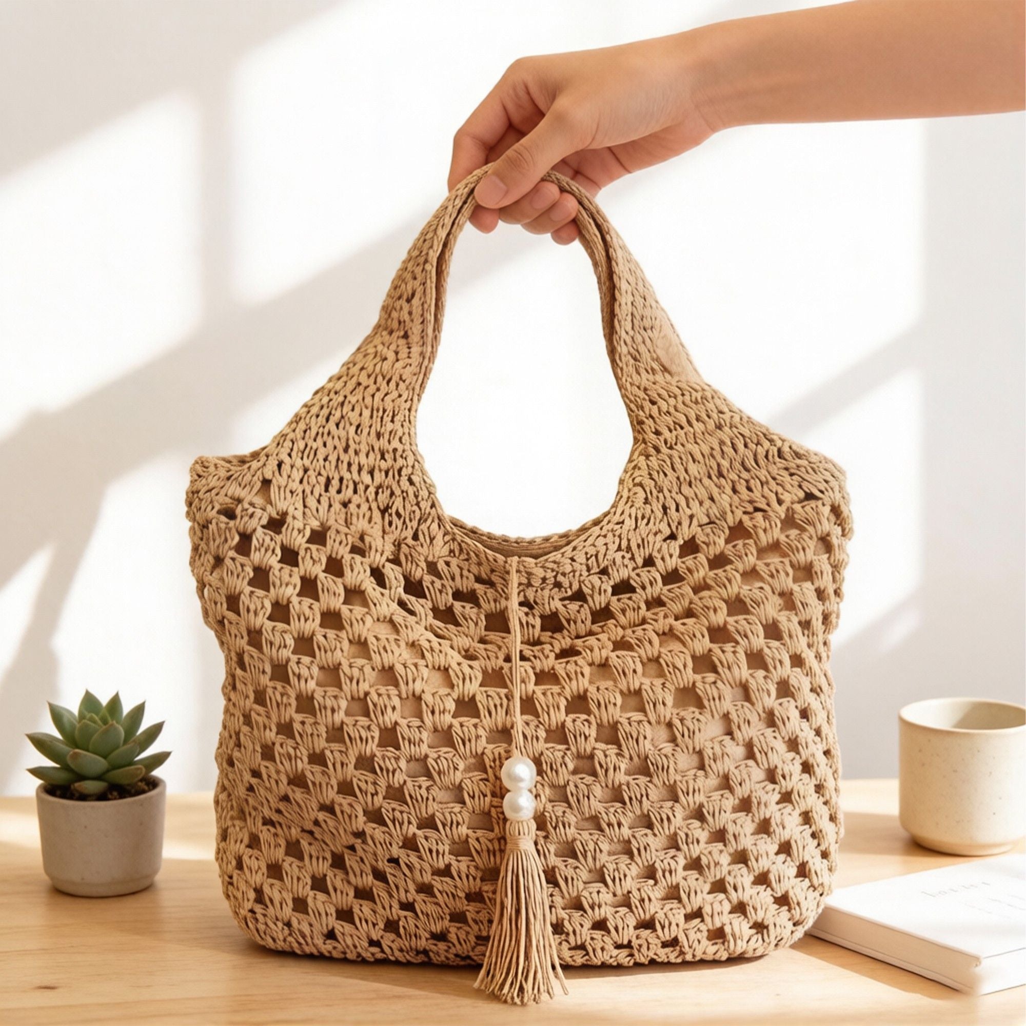 Crochet Shoulder Bag with Tassel Detail Soft Knit Handbag Lightweight Casual Everyday Tote