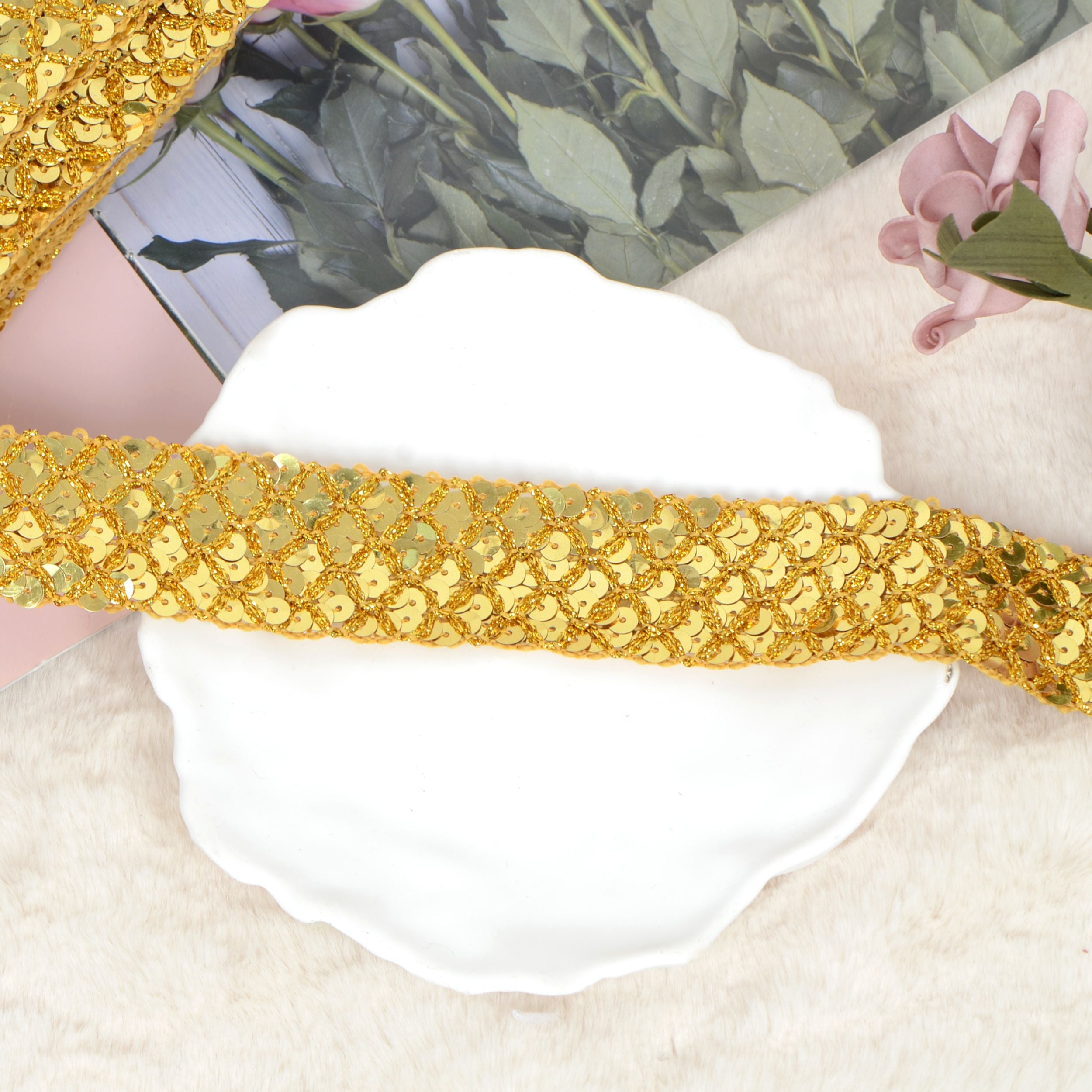 Sewing Sequin Trim 1.2 Inch 6 Row, 25 Yards Glitter Sequin Strip Ribbon Metallic Stretch Bling Fabric DIY Craft Decoration