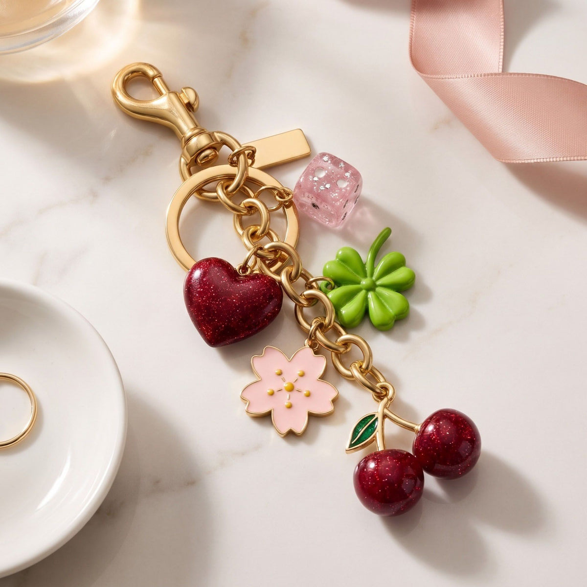 Cherry Clover Flower Bag Charm Keychain with Heart and Dice Pendants