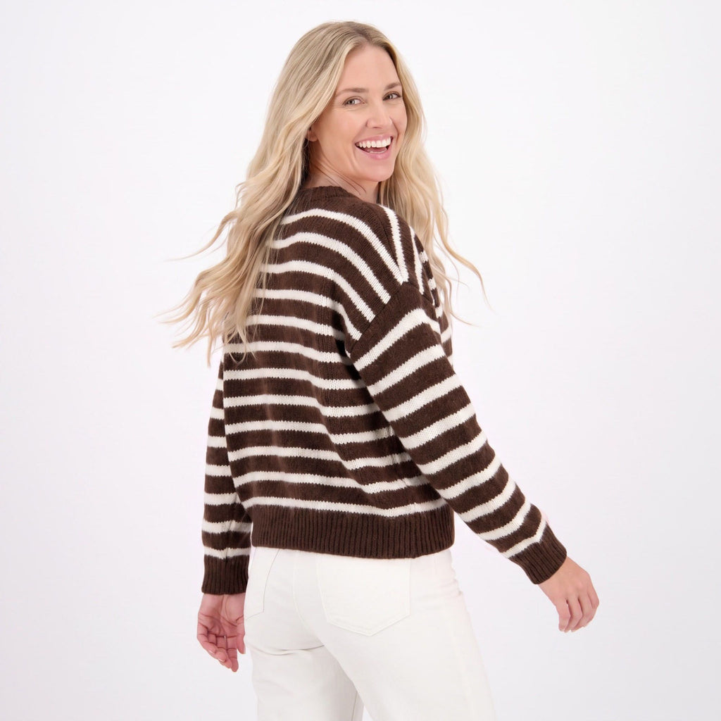 Striped Button-Front Crew Neck Knit Cardigan