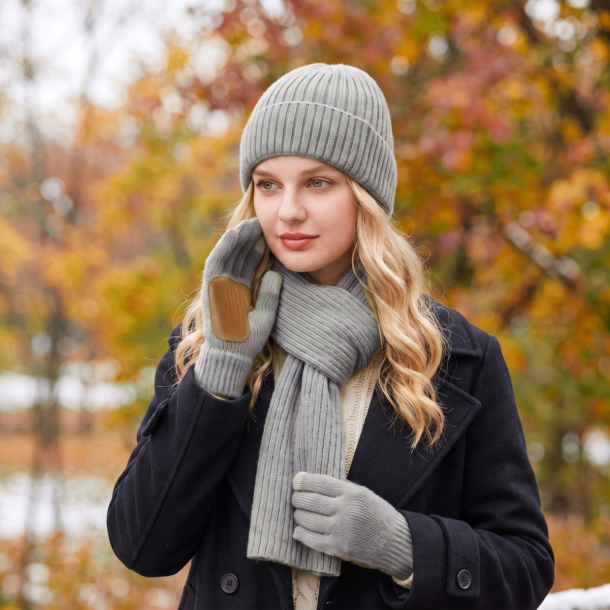 3 Piece Ribbed Knit Beanie Scarf and Touchscreen Gloves Set