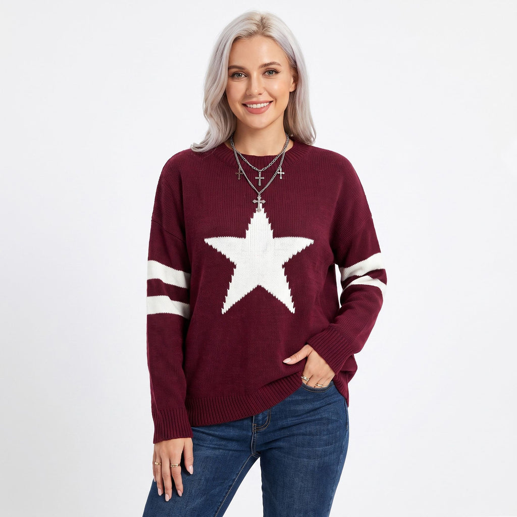 Star Graphic Striped Sleeve Crewneck Knit Sweater
