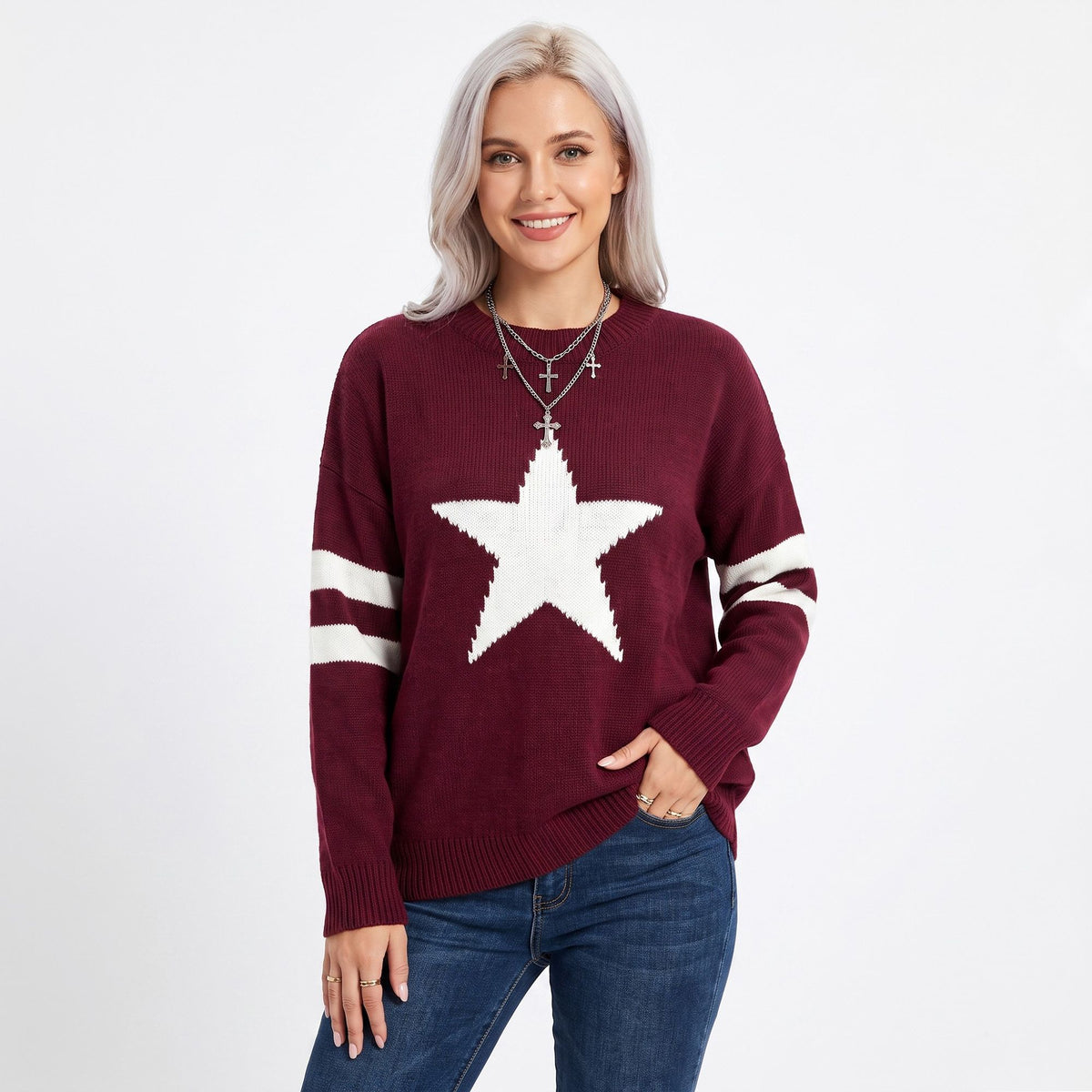 Star Graphic Striped Sleeve Crewneck Knit Sweater