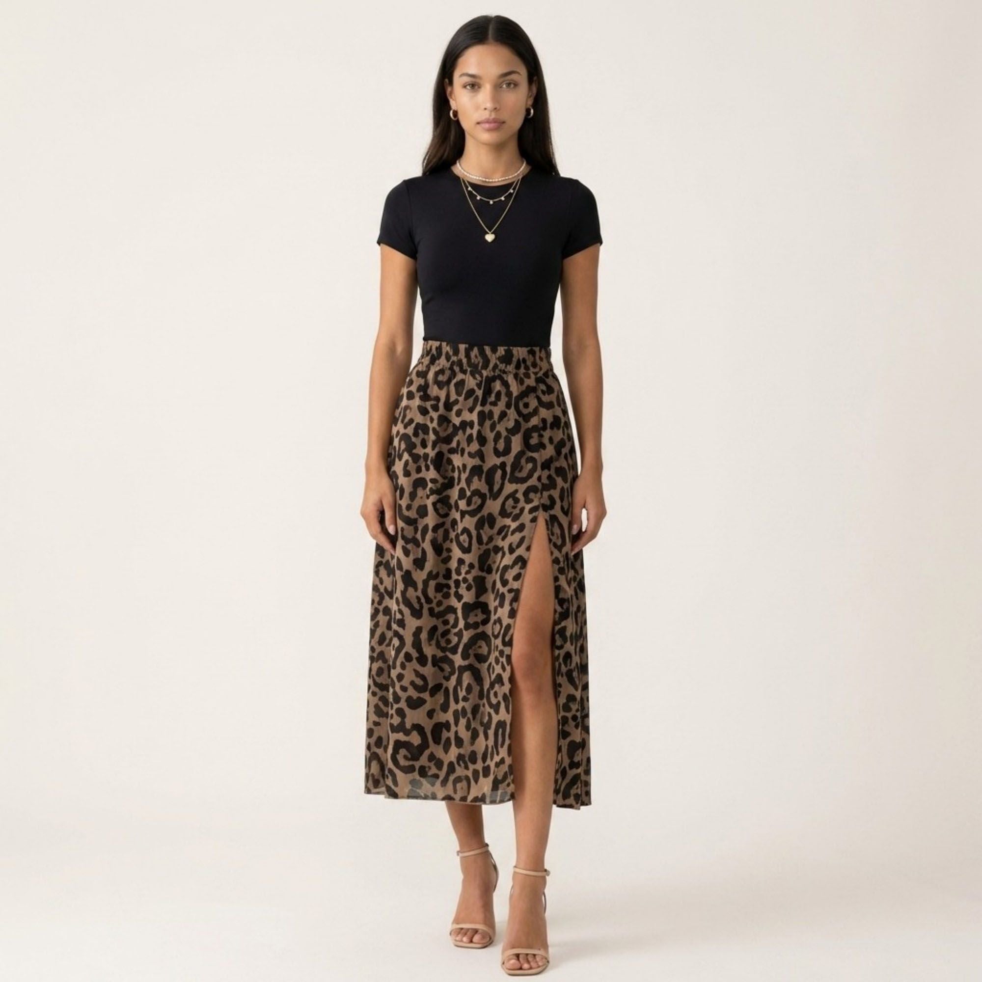 Anna-Kaci Women's Leopard Print Midi Skirt High Waist Elastic Waist Side Slit Flowy A Line Skirt