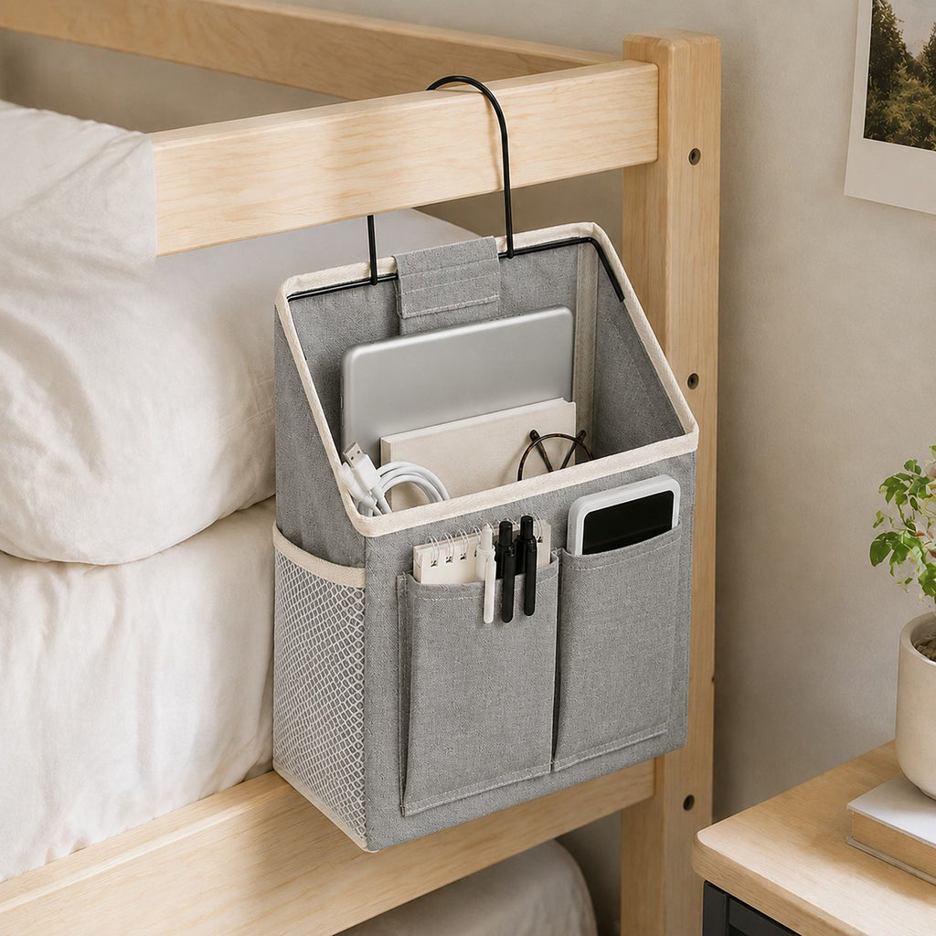 Hanging Bedside Storage Caddy with Metal Frame and Multiple Pockets Bed Rail Organizer
