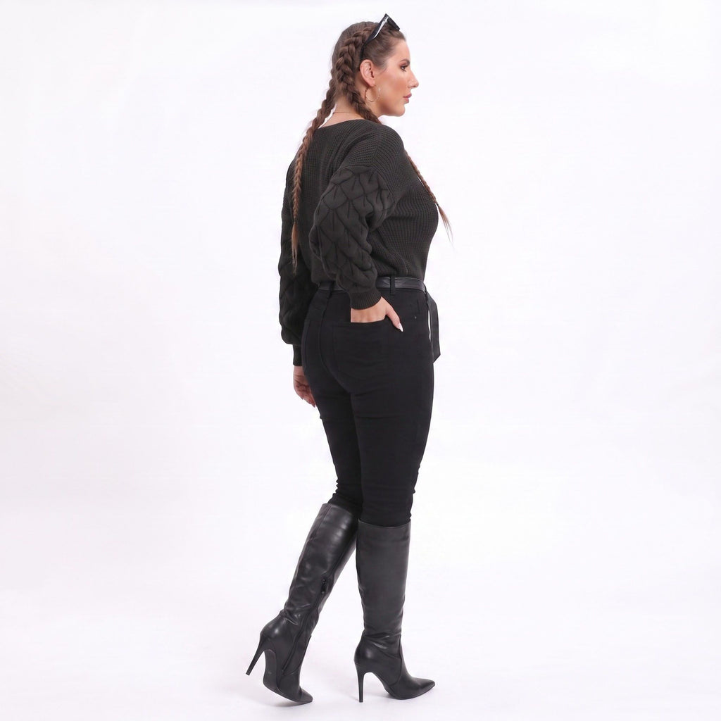 Plus Size V-Neck Textured Sleeve Pullover Sweater