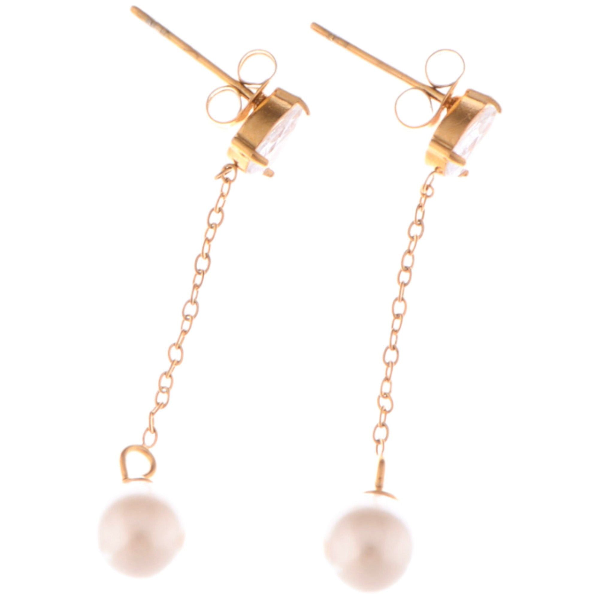Teardrop Crystal and Pearl Dangle Earrings with Delicate Chain