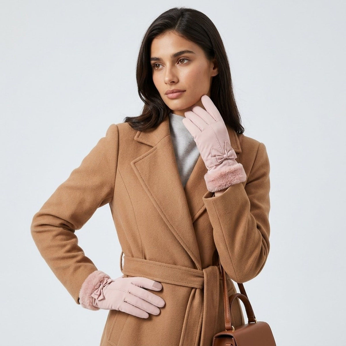 Winter Gloves with Faux Fur Cuffs and Bow Detail 9.8 x 4.7in