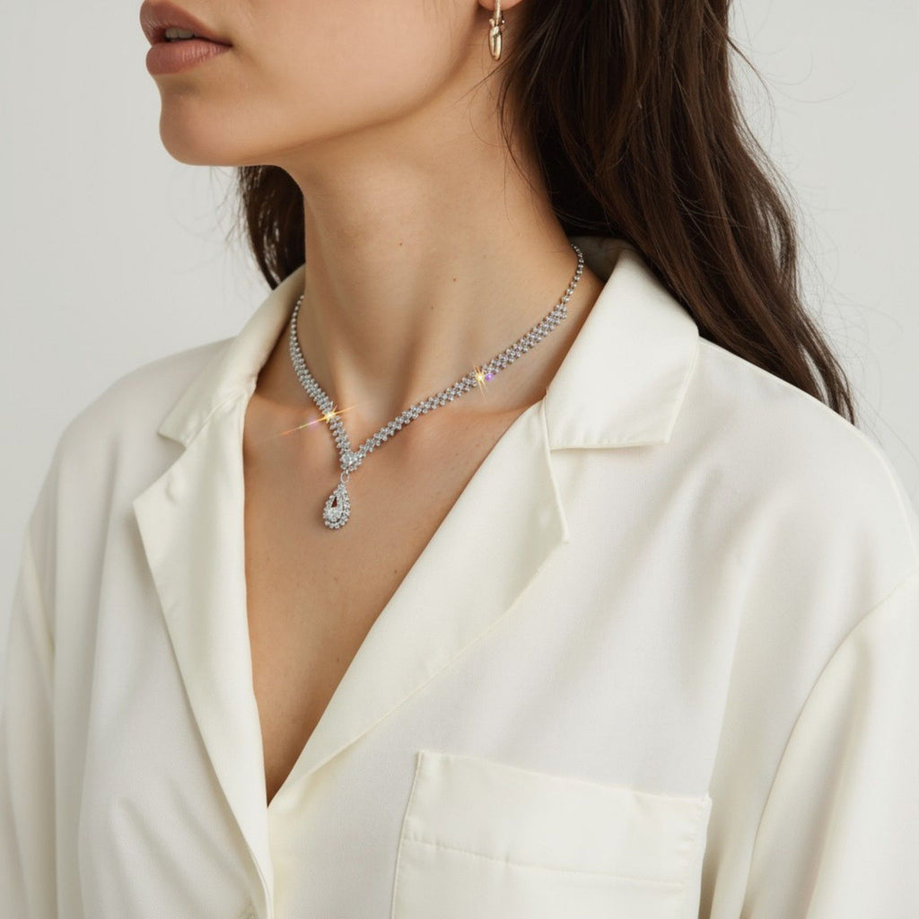 Women's Rhinestone Necklace with Teardrop Crystal Pendant and V-Shaped Chain Design